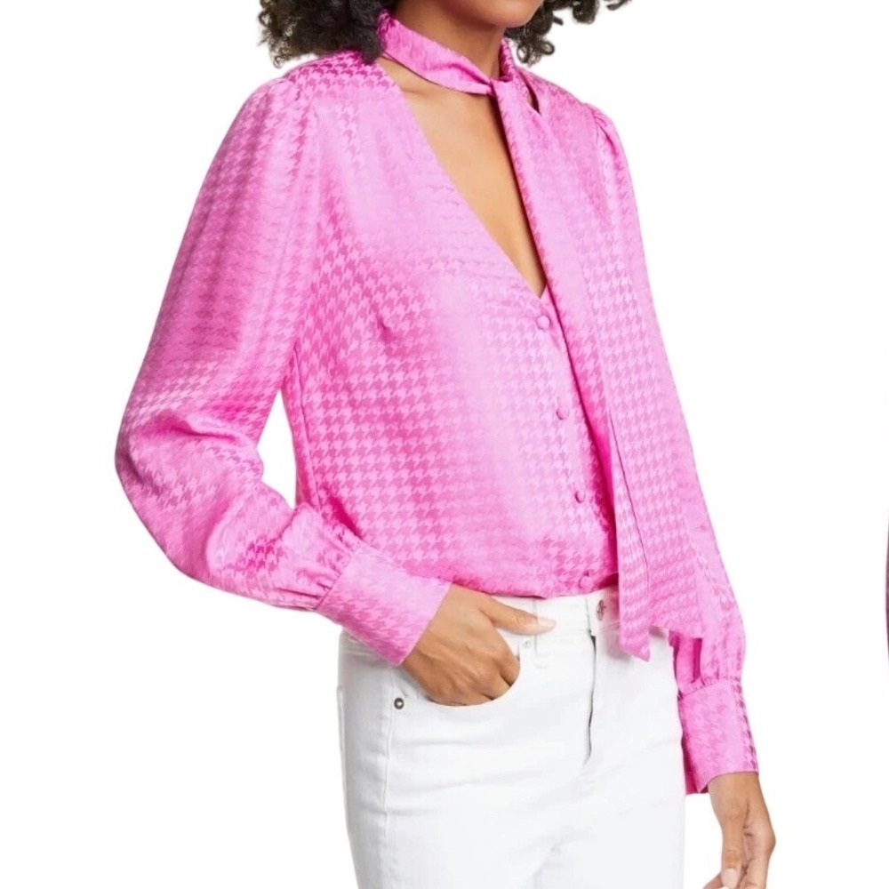 Veronica Beard Nicky‎ Tie Neck Houndstooth Jacquard 100% Silk Blouse Pink Size 0